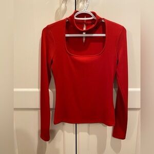 Guess Womens Sz Small Long Sleeve Red Ribbed Top Scoop Neck with Choker